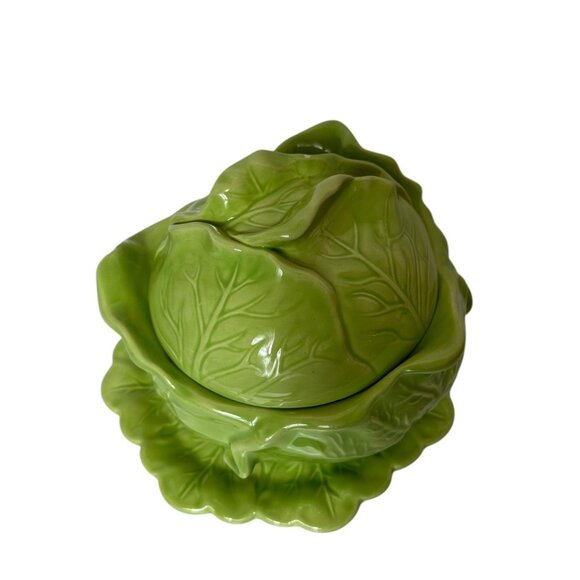 Vintage Cabbage Ceramic Tureen With Lid & Plate Set Green Leaf Dishware 1970 - Picture 1 of 12